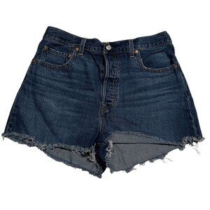 Levis Premium Ribcage Shorts Denim High-Waisted Frayed Hem Women's Blue Cotton C